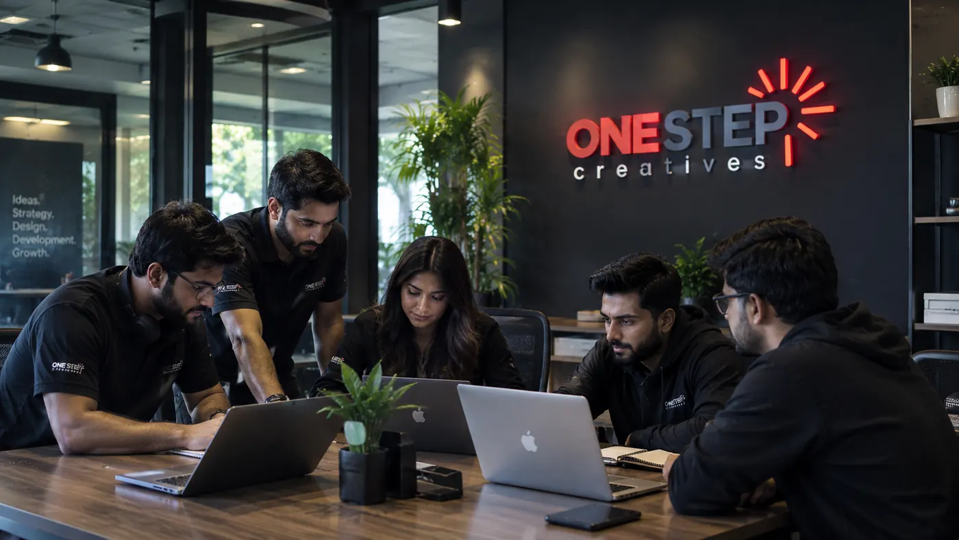 The One Step Creatives team working together in the office