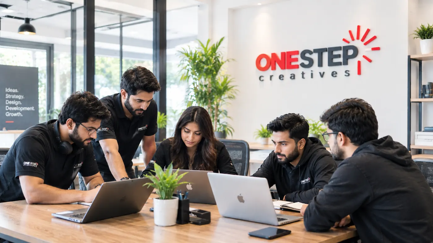 The One Step Creatives team working together in the office